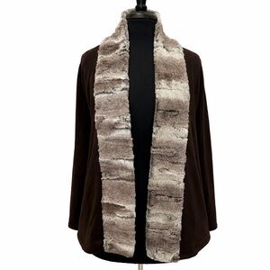 Saks Fifth Avenue Faux Fur Trim Open Cardigan Jacket Brown XS Quiet Luxury Luxe